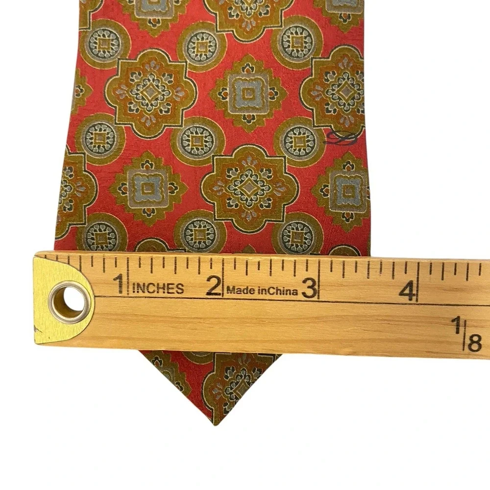 Vintage S.T. Dupont Paris Tie Red Olive Green Medallion Ornate Silk Made France